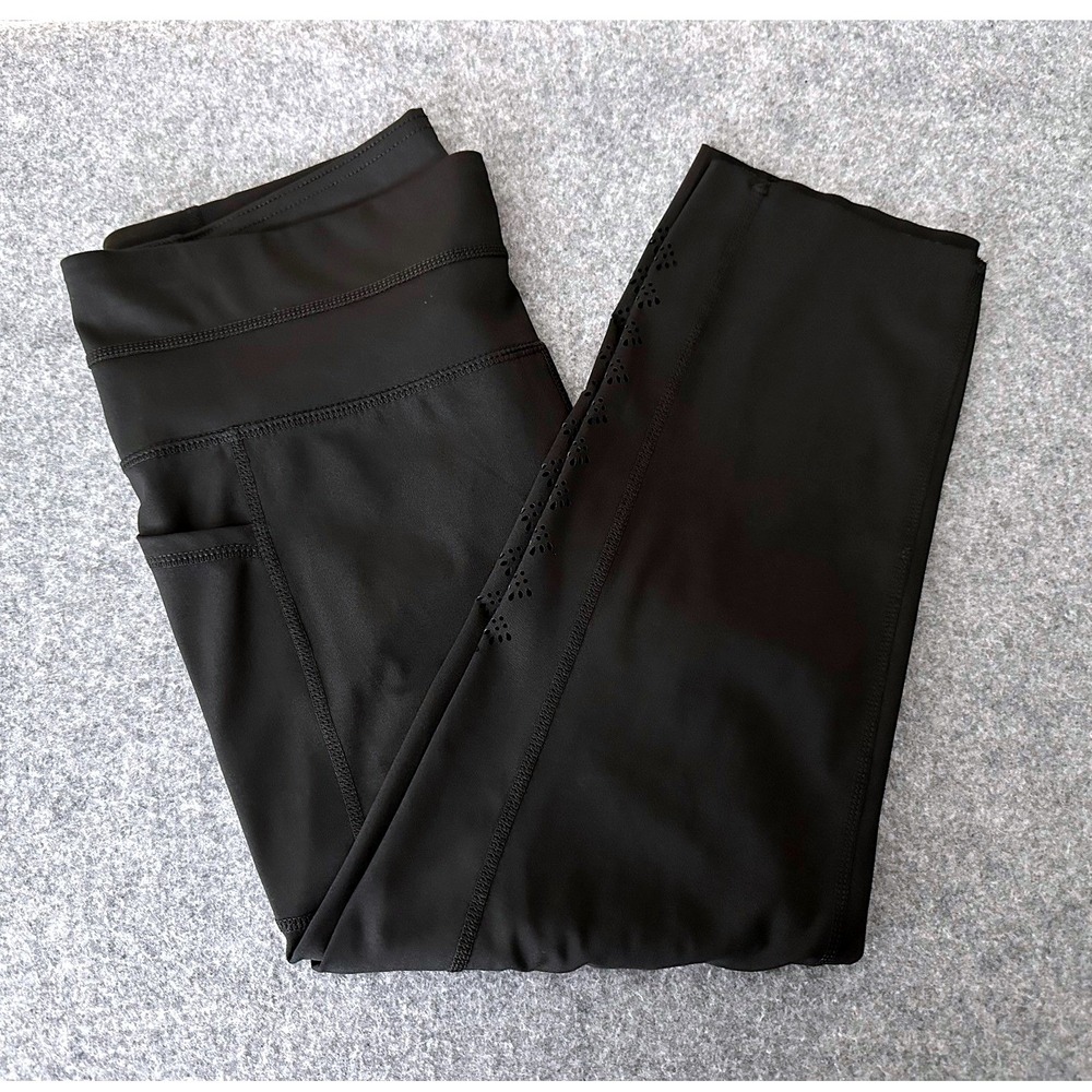 Tangerine Crop Leggings Women Large Black Laser Cut Pocket Athleisure Yoga